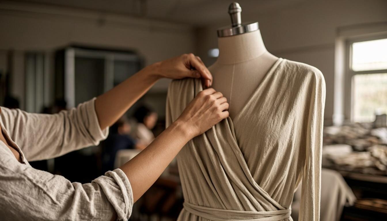 A dressmaker adjusts a beige wrap dress on a mannequin in a daylit studio, work surfaces behind her.
