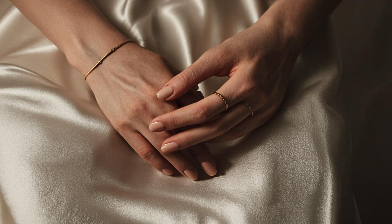 Close-up of hands resting on cream silk, wearing a thin gold bracelet and two gold rings.