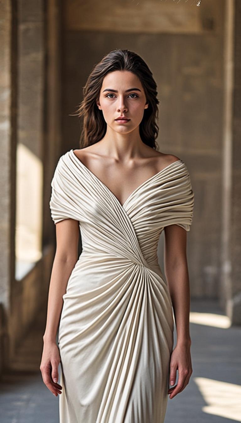 A model in a floor-length cream draped gown stands in a stone corridor, daylight falling from the left.
