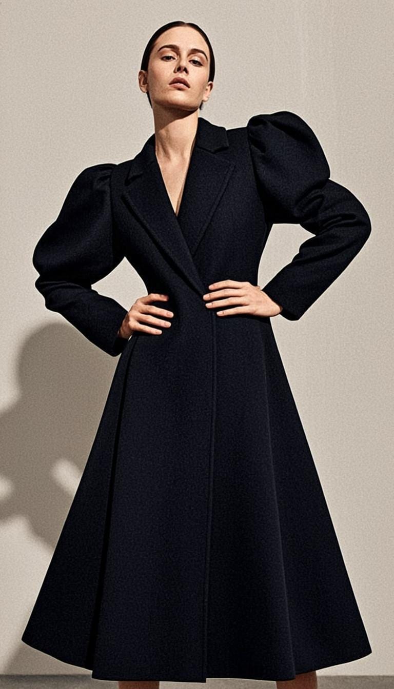 A model wears a long black double-breasted wool coat with full sleeves, her shadow cast on the lit wall behind her.
