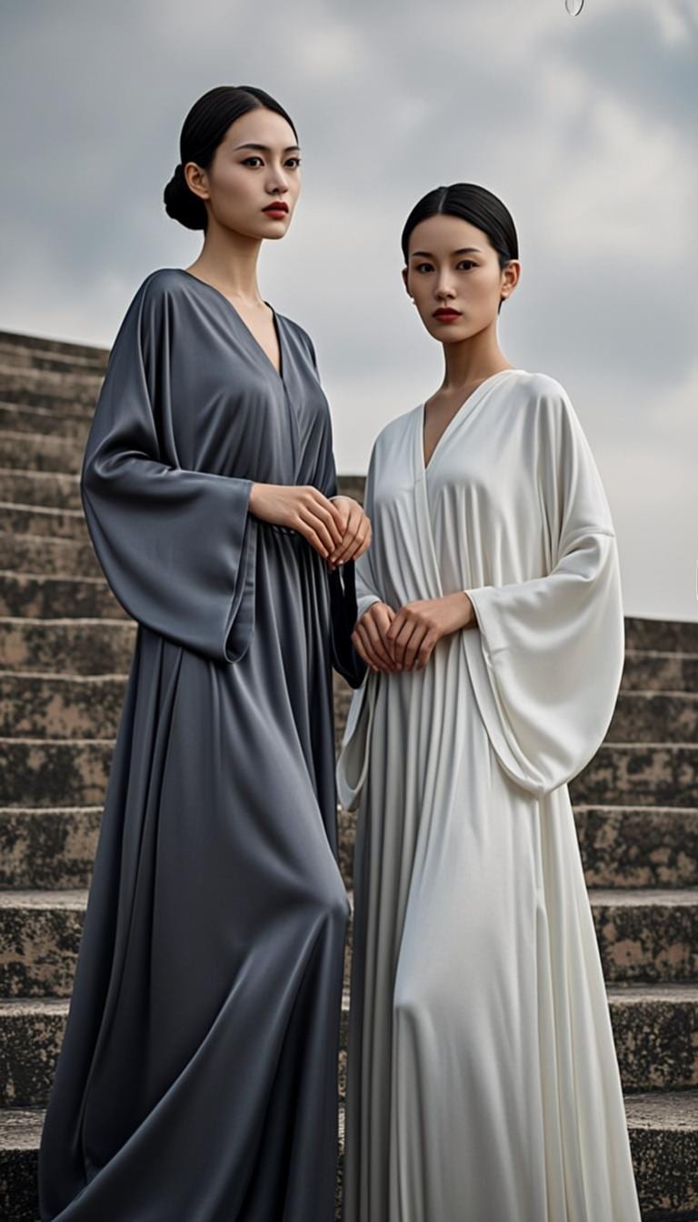 Two models in long loose robes, one lead grey and one ivory, stand on weathered stone steps under an even sky.